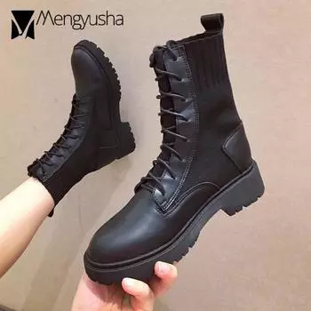 Patchwork Sock Chelsea Boots Women Leather Boots High Top Shoes Winter Cross-Tied Stretch Botas Motorcycle Knitting Snow Botines 5 чёрный