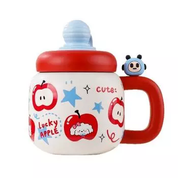 Pattern Apple Cartoon Fat Belly Drinking Cup With Cover For Outdoor Gifts And Red Apple Party