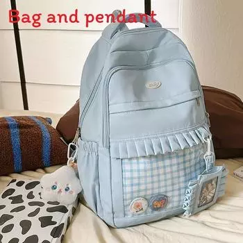 Pattern Checkered Sweet Lace Design Student Backpack With Plush Pendant Decor