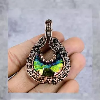 Павлин Aura Druzy Gemstone Pure Copper Wire Wrap Ювелирная подвеска ручной работы 2.36 inches разноцветный