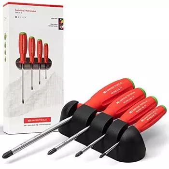 PB SWISS TOOLS Набор отверток Pozidriv PB 8243 | 100% швейцарское производство | Набор из 4 отверток SwissGrip PZ0/PZ1/PZ2/PZ3 с практичным настенным креплением