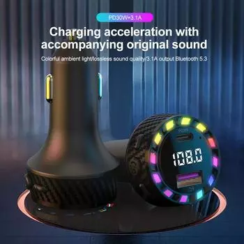 PD 30W Car Charger Fast Charging Bluetooth 5.3 FM Transmitter Wireless Audio Receiver Car MP3 Player with Breathing Light чёрный