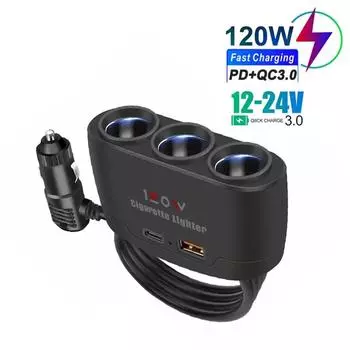 PD QC3.0 Dual USB Socket 120W Car Cigarette Lighter Splitter 12V 24V Fast Charger Plug Phone Power Adapter for Car DVR Dashcam чёрный