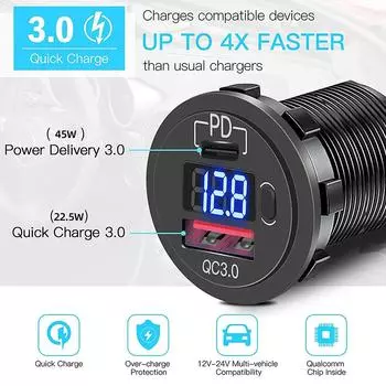 PD QC3.0 Двойной USB-порт для быстрой зарядки автомобиля, розетка 12 В/24 В, адаптер с вольтметром для лодки, мотоцикла, грузовика, внедорожника, автофургона
