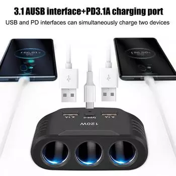 PD QC3.0 Двойной USB-разъем 120 Вт, автомобильный прикуриватель, разветвитель 12 В 24 В, быстрое зарядное устройство, адаптер питания для телефона, автомобильный видеорегистратор, видеорегистратор