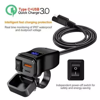 PD QC3.0 Motorcycle Handlebar Mount Fast Charger 60W Dual USB Socket with LED Voltmeter Waterproof Power Adapter For Bike Moto