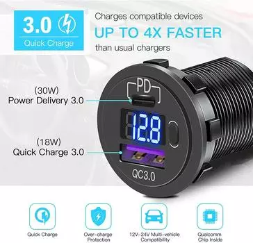 PD Type C QC 3,0 USB Автомобильное быстрое зарядное устройство Розетка с переключателем ВКЛ/ВЫКЛ и светодиодным вольтметром для мотоцикла Морской RV ATV красный