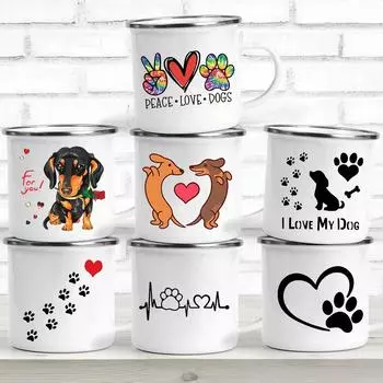 Peace Love Dogs Print Креативные эмалевые кофейные кружки с изображением мультяшных такс Собачьи лапки для вечеринок Пиво Сок Молоко Чашки Подарки на день рождения другу 360ML