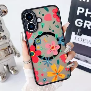 Peach Blossom Pattern Magnetic Phone Case for iPhone 16 Pro 15 14 Plus 13 12 Pro Max 11 Shockproof Clear Soft Edges Acrylic Hard Lens Protection Cover iPhone 16 чёрный