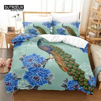 Peacock Bedding Set, 3Pcs Duvet Cover Set, Soft Comfortable Breathable Duvet Cover, For Bedroom Guest Room Decor EU single(135x200cm)
