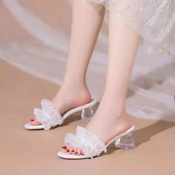 Pearl 2025 summer new lace thick heel sandals middle heel fairy style versatile one-word drag small size women s shoes 34