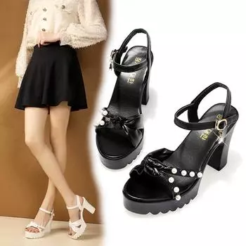 Pearl-Embellished Soft Leather High-Heeled Sandals with Thick Heels and Waterproof Platform for a Comfortable, Stylish Height Boost in Summer. 37