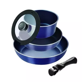 Набор из 5 предметов посуды Pearl Metal Stack Plus Blue Diamond Coat IH, темно-синий HB-5628 тёмно-синий