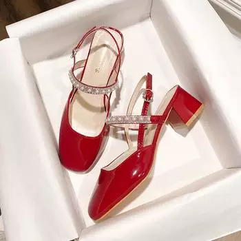 Pearls String Bead Sparkling One Word Buckle Leather Summer New Women Sandals Retro Elegant Pumps Doll Shoes Fashion All-match 35 красный