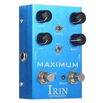 Педаль эффектов для гитары IRIN Overdrive с 2 переключателями режимов, регуляторами тона/усиления/громкости/усиления для электрогитары - MAXIMUM синий