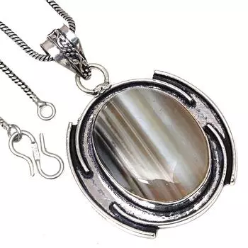 Pendant Grey Botswana Agate Gemstone Handmade Antique Silver Jewelry 2