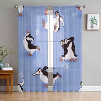 Penguins Skating Tulle Sheer Window Curtains For Living Room The Bedroom Modern Chiffon Voile Organza Curtains Decor Drapes 135W x 114H(cm)