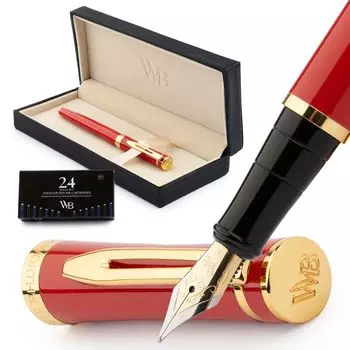 Перьевая ручка Wordsworth Black с покрытием из 18-каратного золота, набор из 24 стержней, подарочный золотой картридж, идеально подходит для мужчин и женщин, набор, перо, картриджи и коробка,