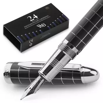 Перьевая ручка Wordsworth Finest Premium Metal с 24 картриджами для перьевой ручки и хромированным пером среднего размера. Подходит как для мужчин, так и для женщин.