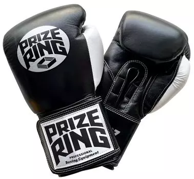 Перчатки боксерские PRIZE RING из натуральной кожи Professional 5.0 10 унций/12 унций, черные/белые (10 унций) чёрный