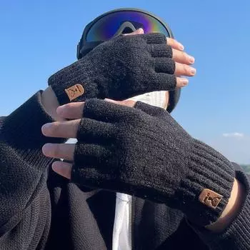 Перчатки с полупальцами для мужчин с зимними полупальцами для езды на велосипеде и вождения, утолщенные шерстяные трикотажные дырявые пальцы для защиты от холода One Size