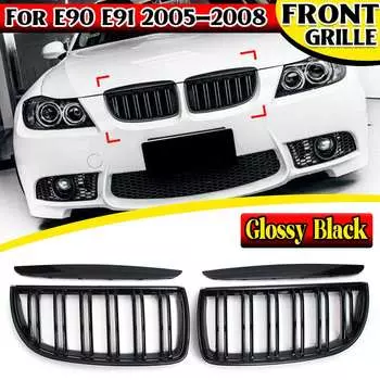 Передняя решетка радиатора, капот, решетки - Double Line для BMW E90 E91 323I 328I 335I 330I 325I 3-Series 2005-2008 Gloss Black