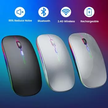 Перезаряжаемая беспроводная мышь, компьютерная Bluetooth-мышь, эргономичная USB-мышь, бесшумная мышь с подсветкой, RGB-мыши для ноутбуков, ПК, Ipad Wireless Silver