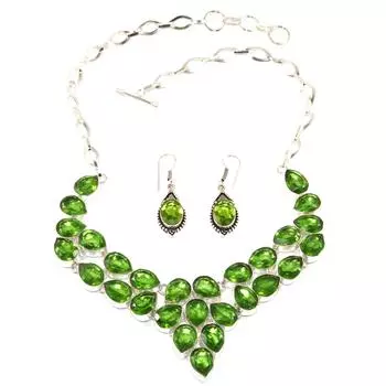 Peridot Quartz Gemstone Silver Jewelry Necklace Earring 16-18