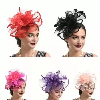 Перо Aliceband Fascinator Головная повязка Свадьбы Дамы День Скачки Королевский Аскот Органза Цилиндр красный
