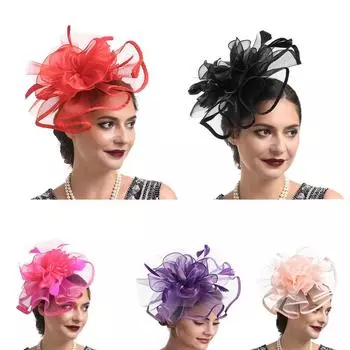 Перо Aliceband Fascinator Головная повязка Свадьбы Дамы День Скачки Королевский Аскот Органза Цилиндр красный
