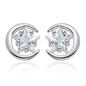 Personalized Korean Version of Versatile Moon Stud Earrings for Girls, Cute Five-pointed Star Earrings, Silver Jewelry, Creative Design Stud Earrings