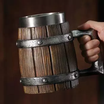 Персонализированная деревянная пивная кружка-бочка, немецкая пивная кружка большой емкости, имитация дерева, кофейная кружка из нержавеющей стали, барная кружка для разливного пива 600ml
