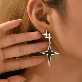 Персонализированные серебряные серьги с четырьмя конечными звездами и соответствующими по цвету темпераментными минималистичными серьгами с четырьмя углами в стиле пэчворк 6.3*3cm чёрный