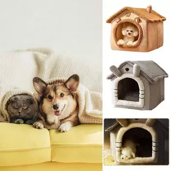 Pet Nest Cat Bed Cave Съемный домик для кошек Палатка для кошек со съемным ковриком Подходит для всех сезонов Внутреннее гнездо для собак Кровать для кошек N4Y6 коричневый