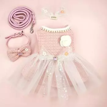 Pet Pink Woolen Dress Coat Princess Mesh Bow Dress Cat Clothing Pet Set Puppy Clothes Autumn/Winter Pink Dresses Puppy XS