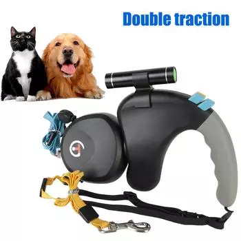 Pet Traction Rope Belt Двойной поводок для собак для прогулок с подсветкой Двойные принадлежности для домашних животных Втягивающийся вращающийся поводок для домашних животных серый