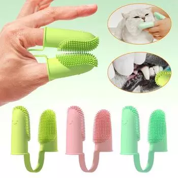 Pet Two-finger Toothbrush Dog Cat Pet Supplies Teeth Cleaning Finger Set Oral Cleaning Tools Pet Two-finger Toothbrush Dog Cat P зелёный