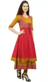 Phagun Designer Double Layer Anarkali Kurti Dori Jacket Style Indian Dress - 10 коралл розовый