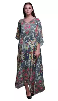 Phagun Peacock Bird Long Caftan Maxi Dress Beach Swimwear Cover up Womens 4X-5X темно-синий