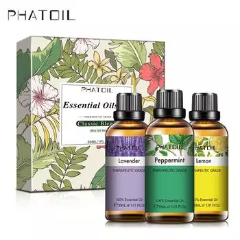PHATOIL 3 шт., набор чистых эфирных масел, 30 мл, лимон, лаванда, мята, классические смеси, диффузор, ароматическое масло для ухода за кожей, очиститель воздуха, подарочный набор Classic Blends