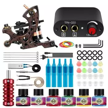 PHOENIXY Starter Tattoo Machine Kit Coil Gun Набор пигментных чернил Black Power Tattoo Grip 6 цветов Иглы с чернилами для татуировки Полный комплект для боди-арта Set 02