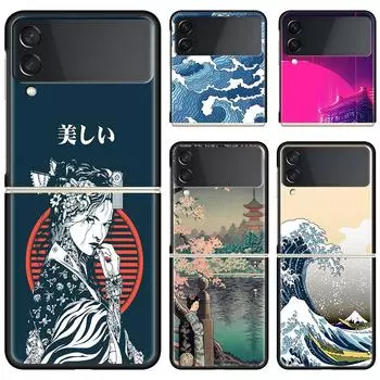Phone Case For Samsung Galaxy Z Flip 3 5G Black Hard Cover ZFlip 3 Luxury Shockproof Bumper Cases Fundas Japanese Style Art Capa Samsung Z Flip 3