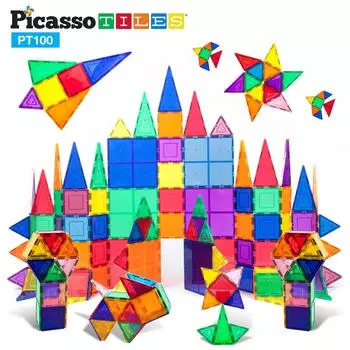 PicassoTiles 100 Piece Set 100 шт. Магнитные строительные плитки Прозрачные магнитные 3D строительные блоки Строительная игровая доска, традиционная для невообразимого