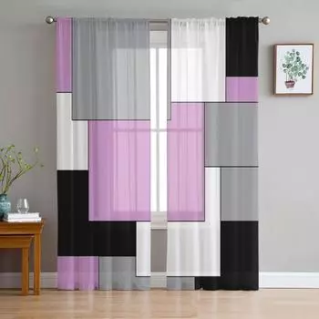 Pink Black Grey Patchwork Abstract Art Medieval Style Sheer Curtains Living Room Window Curtains Kitchen Tulle Voile Curtains W135 x H115cm x1