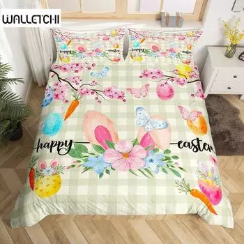 Pink Cherry Blossom Duvet Cover Happy Easter Theme Rabbit Ear Easter Eggs Bedding Set Polyester Butterfly Flower Comforter Cover EU single(135x200cm)