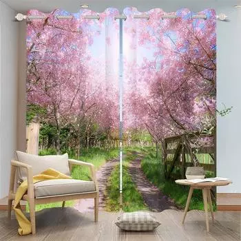 Pink Cherry Blossom Forest and Green Grass Curtains. A Set of Two, Home Bedroom Living Room Shade Curtain 50W130H(CM)X2PCS&Grommet Top