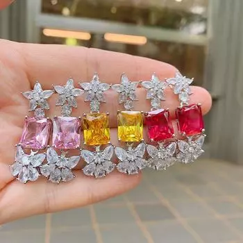 Pink Diamond Gemstone, Stud, Simulated Yellow Diamonds, Exaggerated Electroplated S Jewelry
