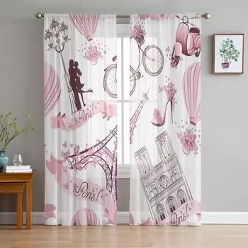 Pink Eiffel Tower Air Balloon Bicycle Chiffon Sheer Curtains for Living Room Bedroom Decoration Window Voiles Tulle Curtain 1 PCS W100XH250cm&Rod Pocket