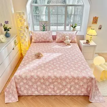 Pink Floral Cute Rabbit Pattern Bed Sheet Set 3Pcs 100% Cotton Soft Comfortable Sheets Pillowcases Queen King Size Bedding Set 120x230cm 3Pc
