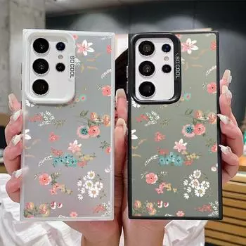 Pink Flower Pattern Square Phone Case for Samsung S24 S22 Ultra S23 S21 S20 Fe A54 A53 A52 Shockproof Slim Anti-Fall Laser Imd Cover Samsung S24 серый
